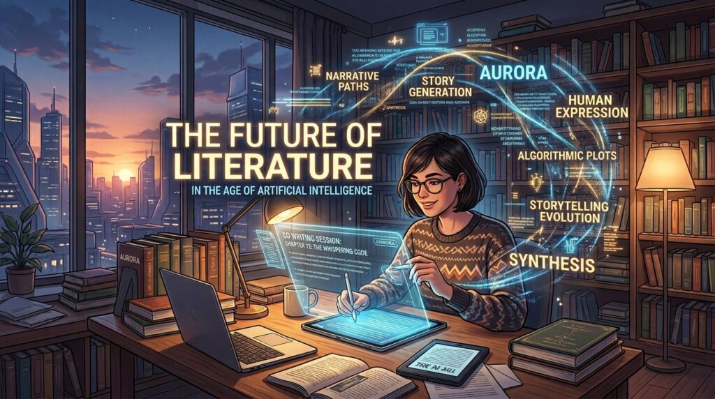 Artificial Intelligence and the Future of Literature showing AI transforming writing, reading, creativity, and publishing with opportunities and challenges for society and education.